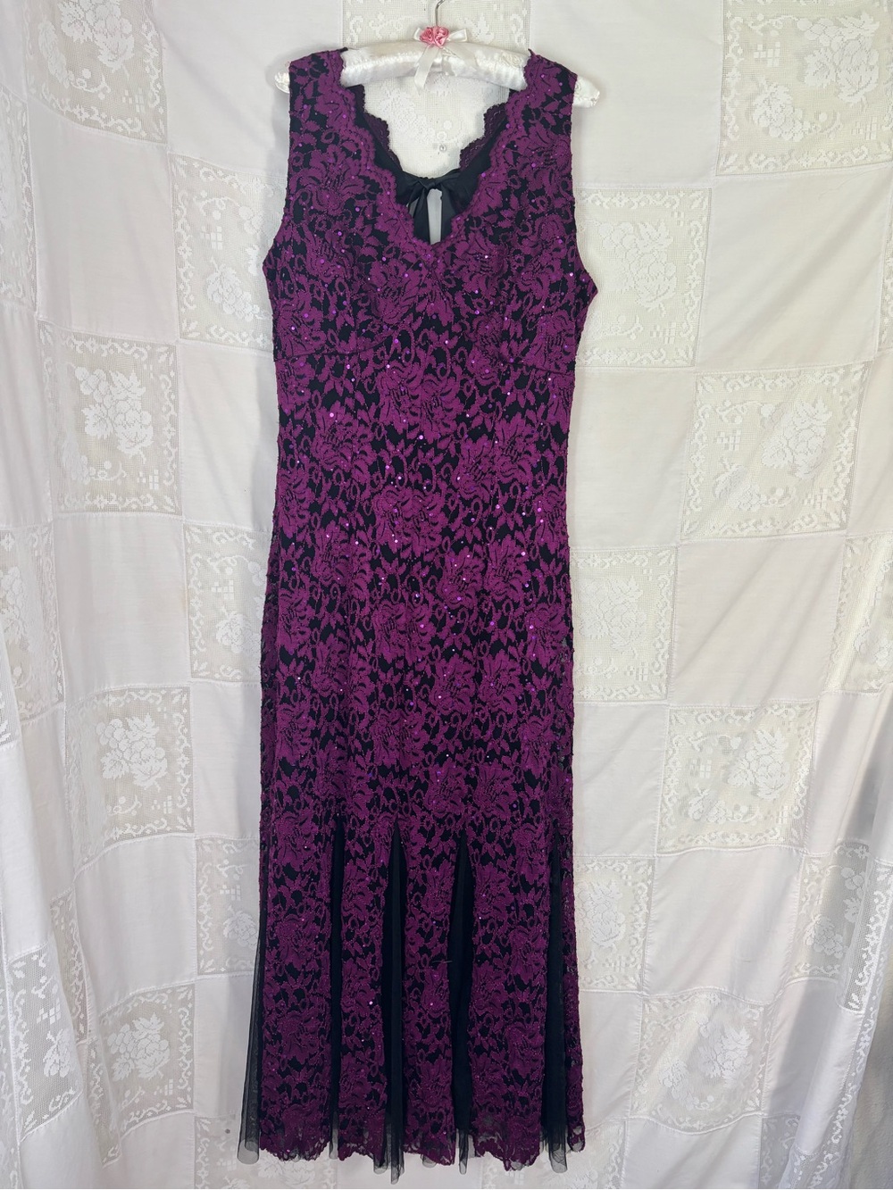 Purple Black Lace Tulle Hem Tie Back Vampy Witchy Whimsigoth Maxi Dress size M‎